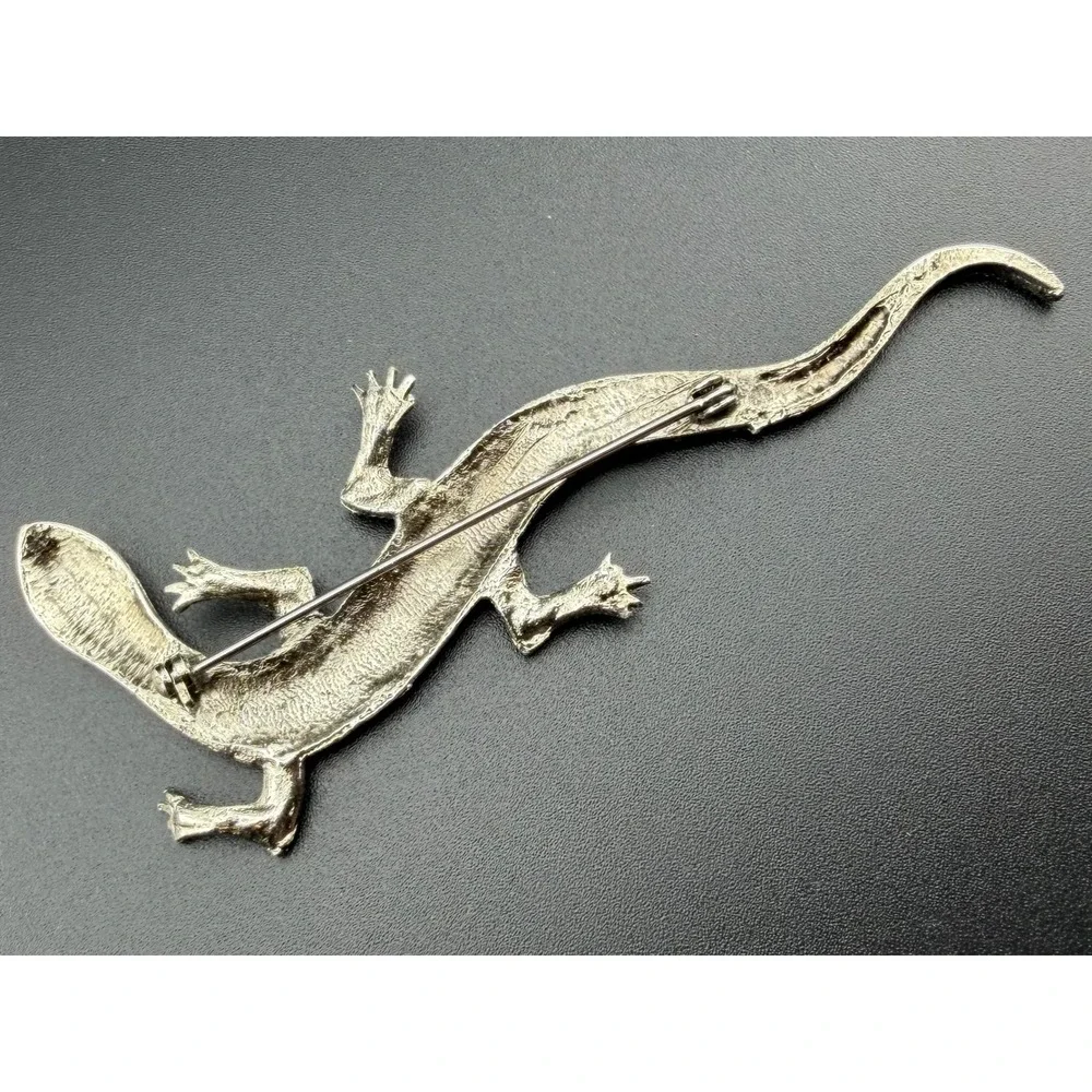 Lizard Gecko Brooch Silver‎ Tone Marcasite Style Red Eyes Reptile Vintage READ